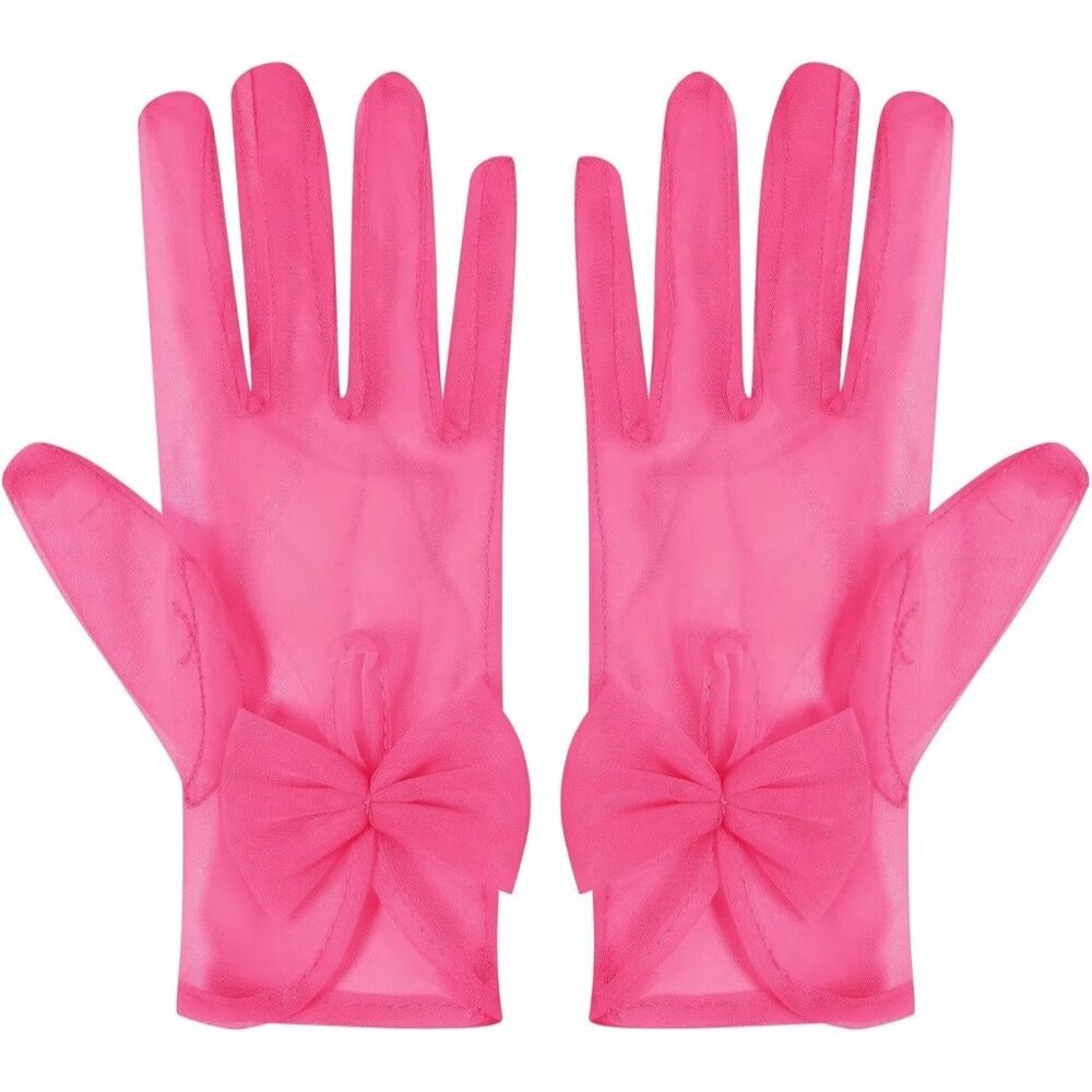 Women's Bow Pink Evening Sheer Tulle Short Length Gloves Wrist Tea Party Prom